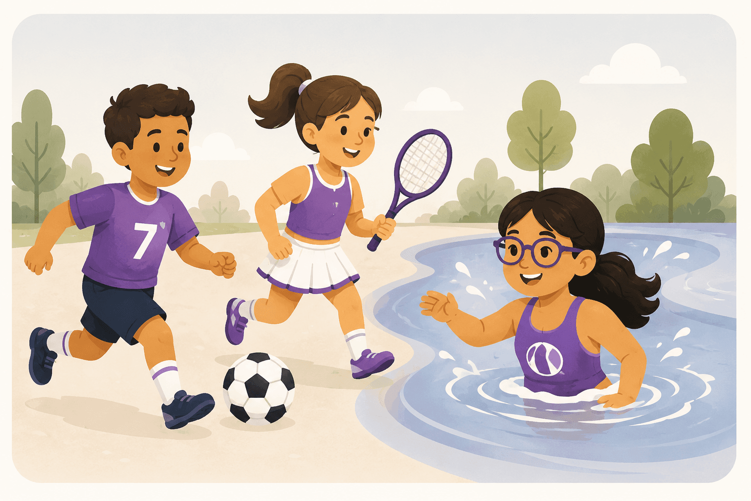 Illustration of children playing soccer, tennis, and swimming
