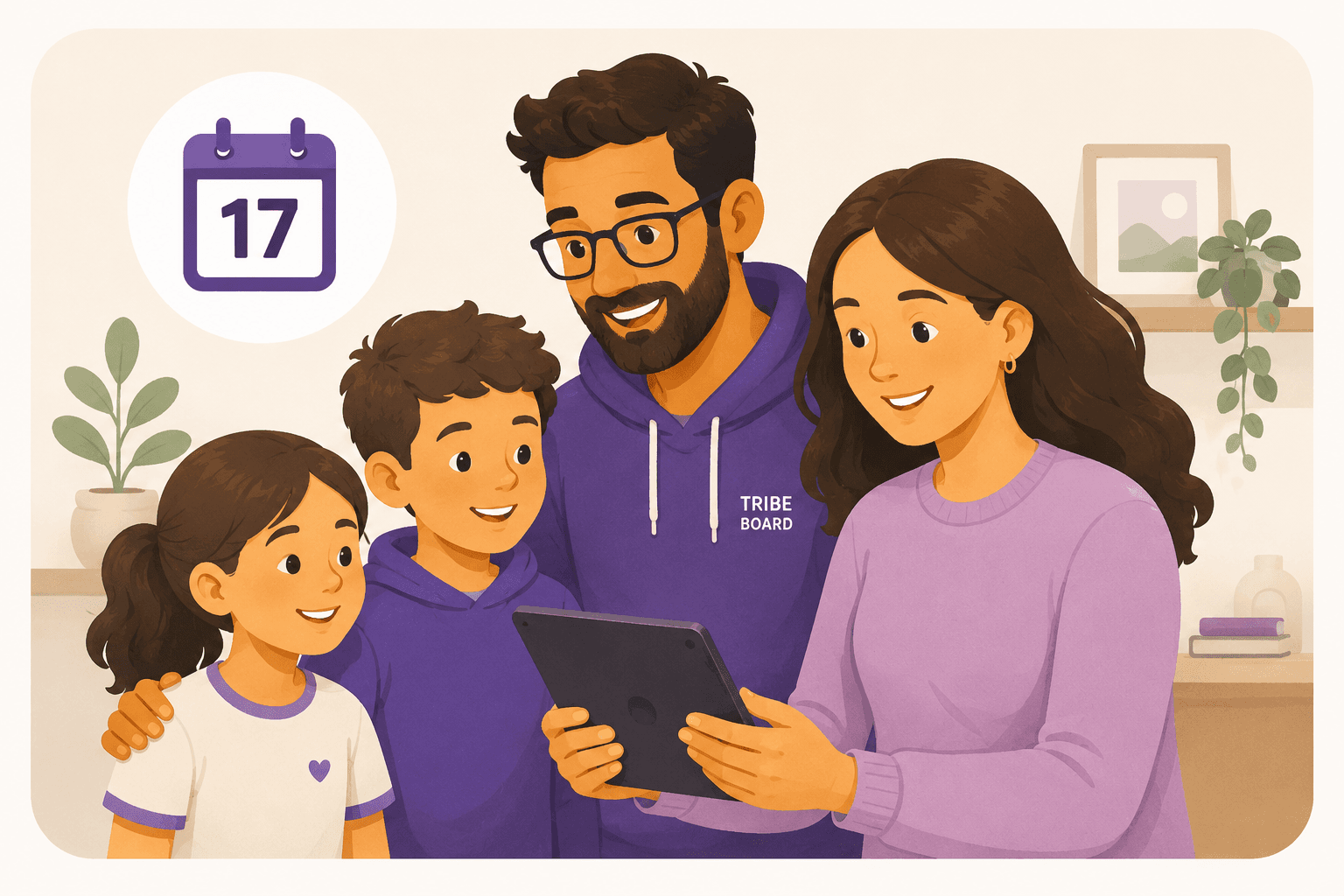 Illustration of a family gathered around a tablet looking at their shared calendar