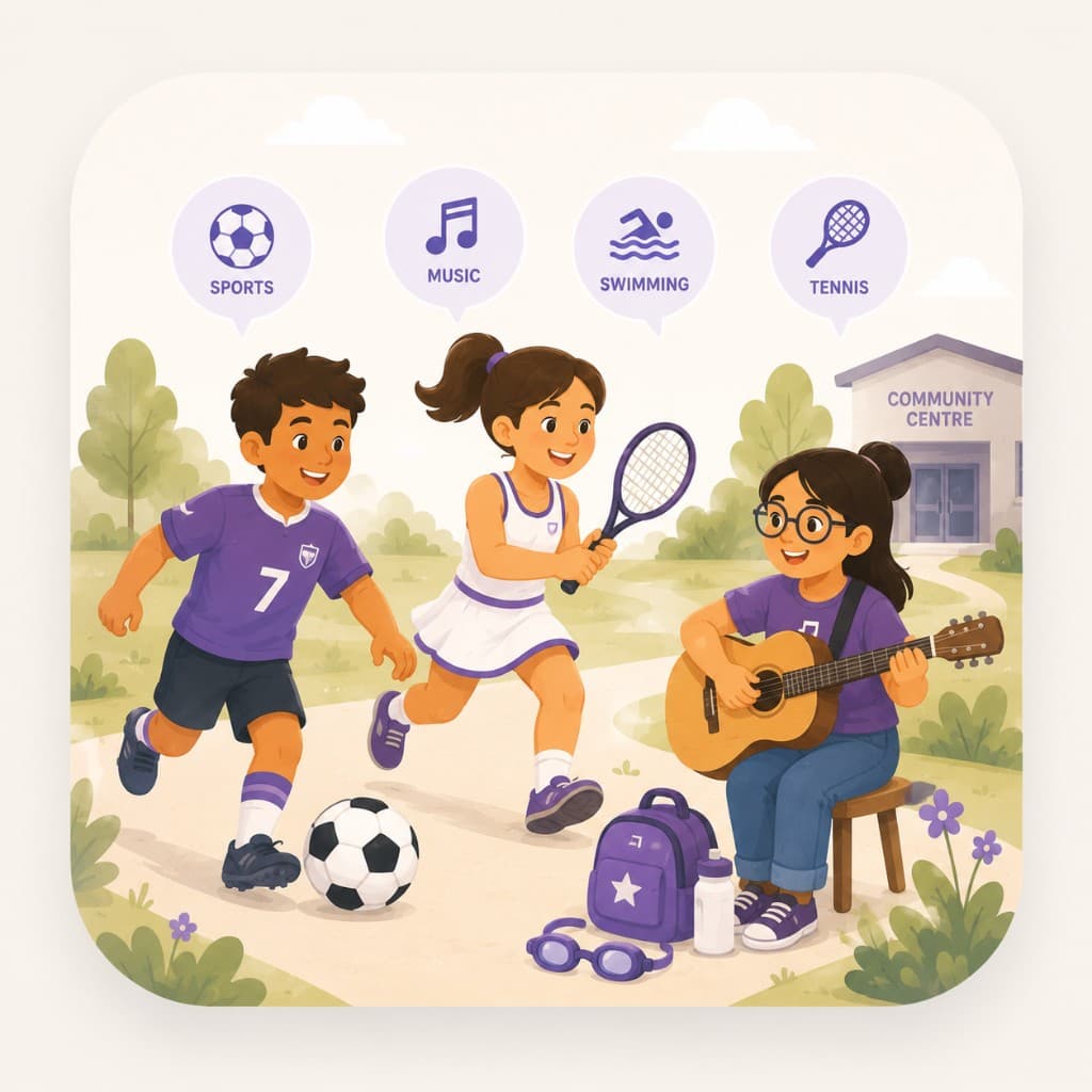 Illustration of children playing soccer, tennis, and guitar at a community centre