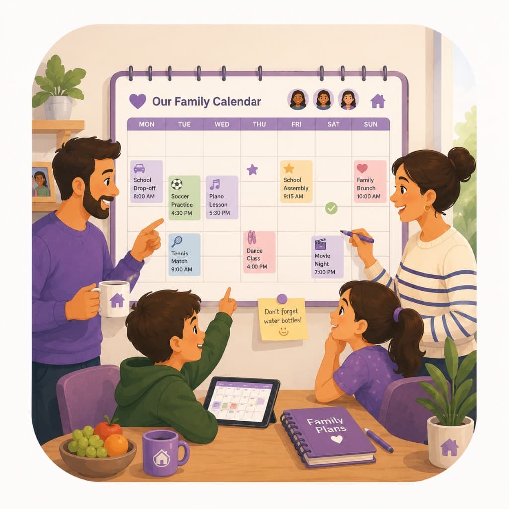 Illustration of a family gathered around a shared wall calendar