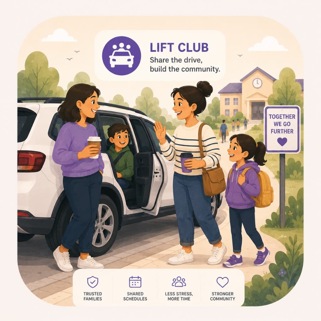 Illustration of families coordinating a shared school lift club