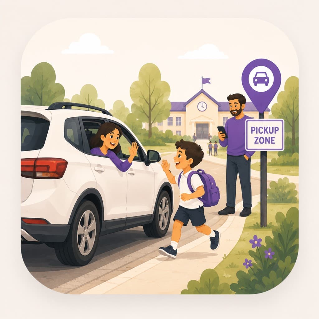 Illustration of a child running to a car at the school pickup zone