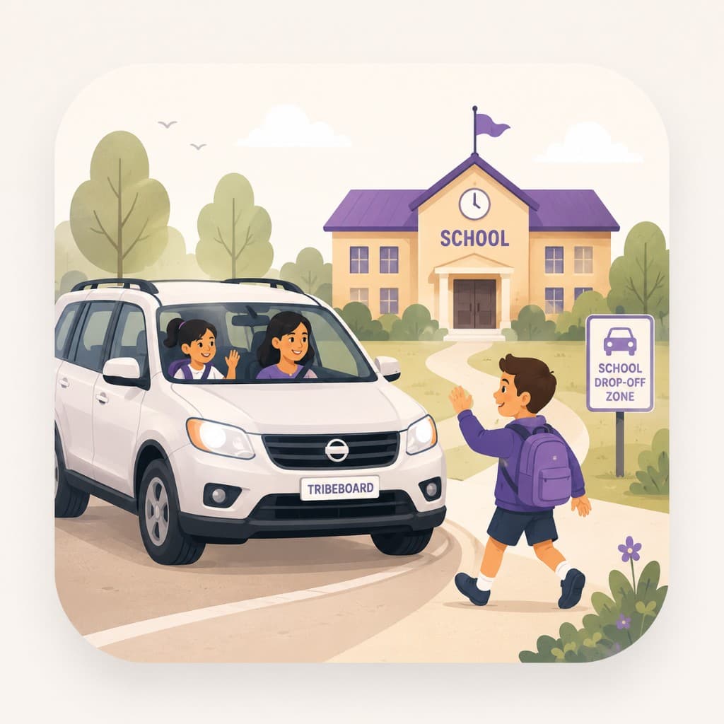 Illustration of a family car at school drop-off with a child walking toward school