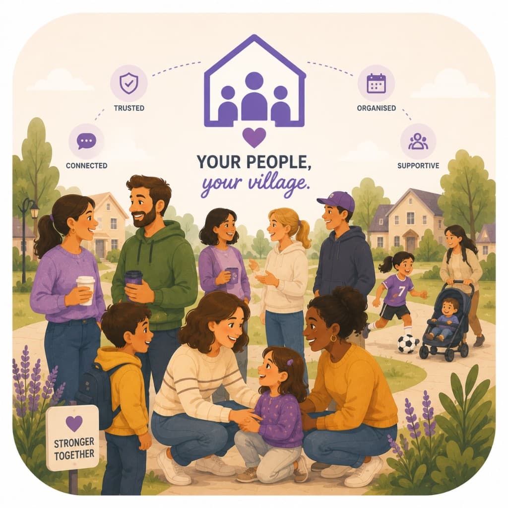 Illustration of a diverse community of families supporting each other