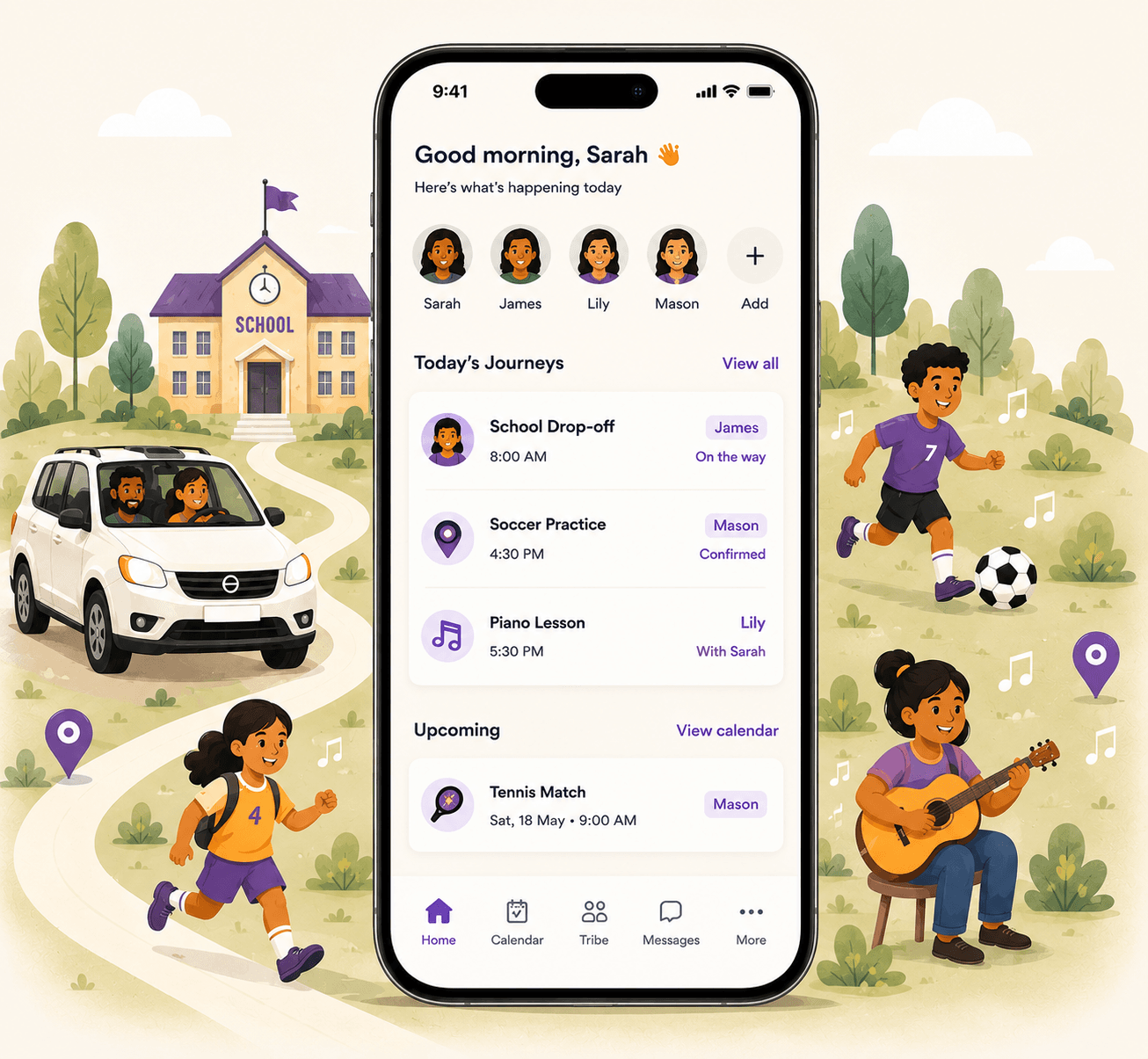TribeBoard app on a phone showing today's journeys, family members, and upcoming activities surrounded by family life illustrations