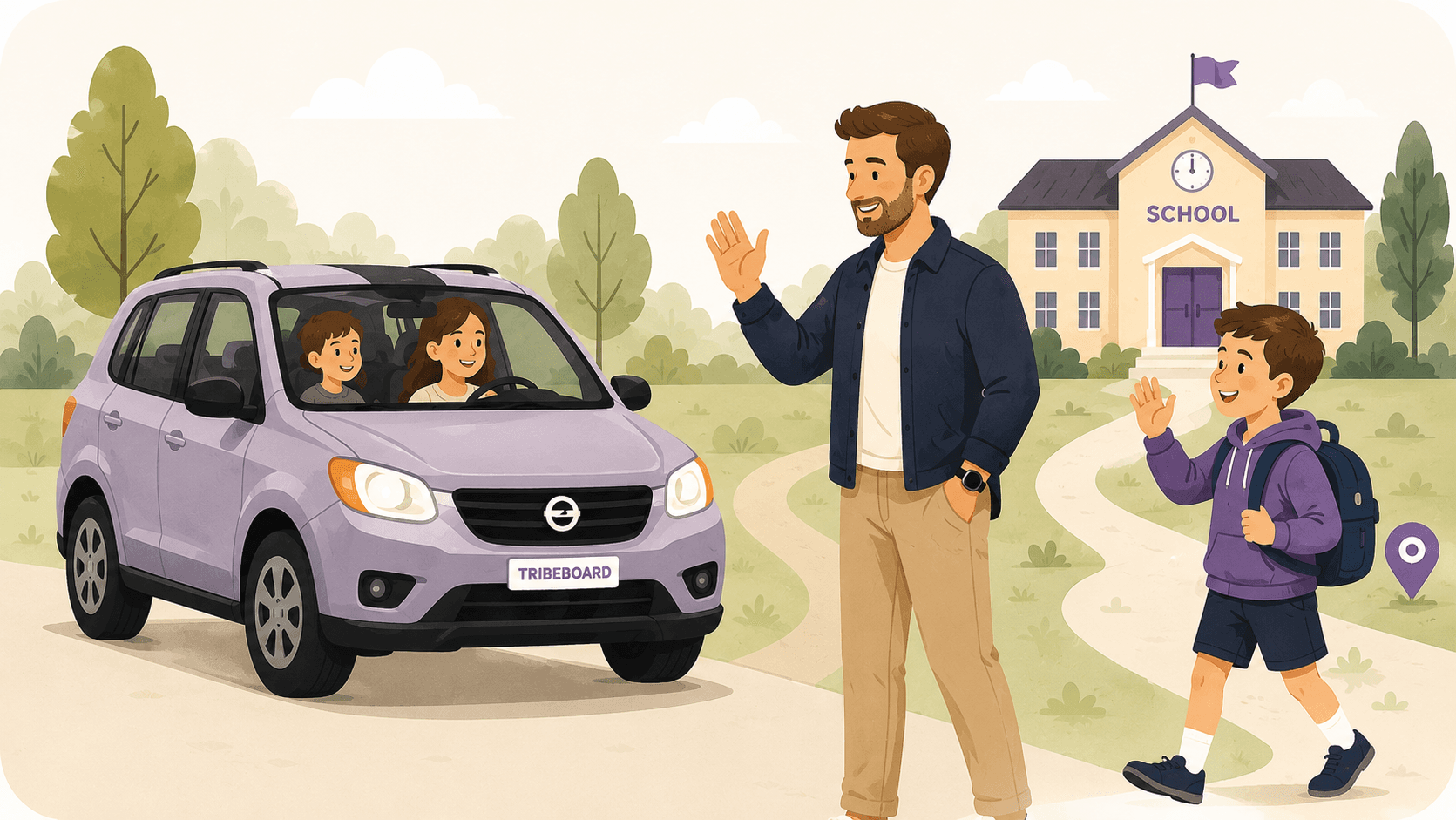 Illustration of a parent waving goodbye as a child walks to school and a family car drives away